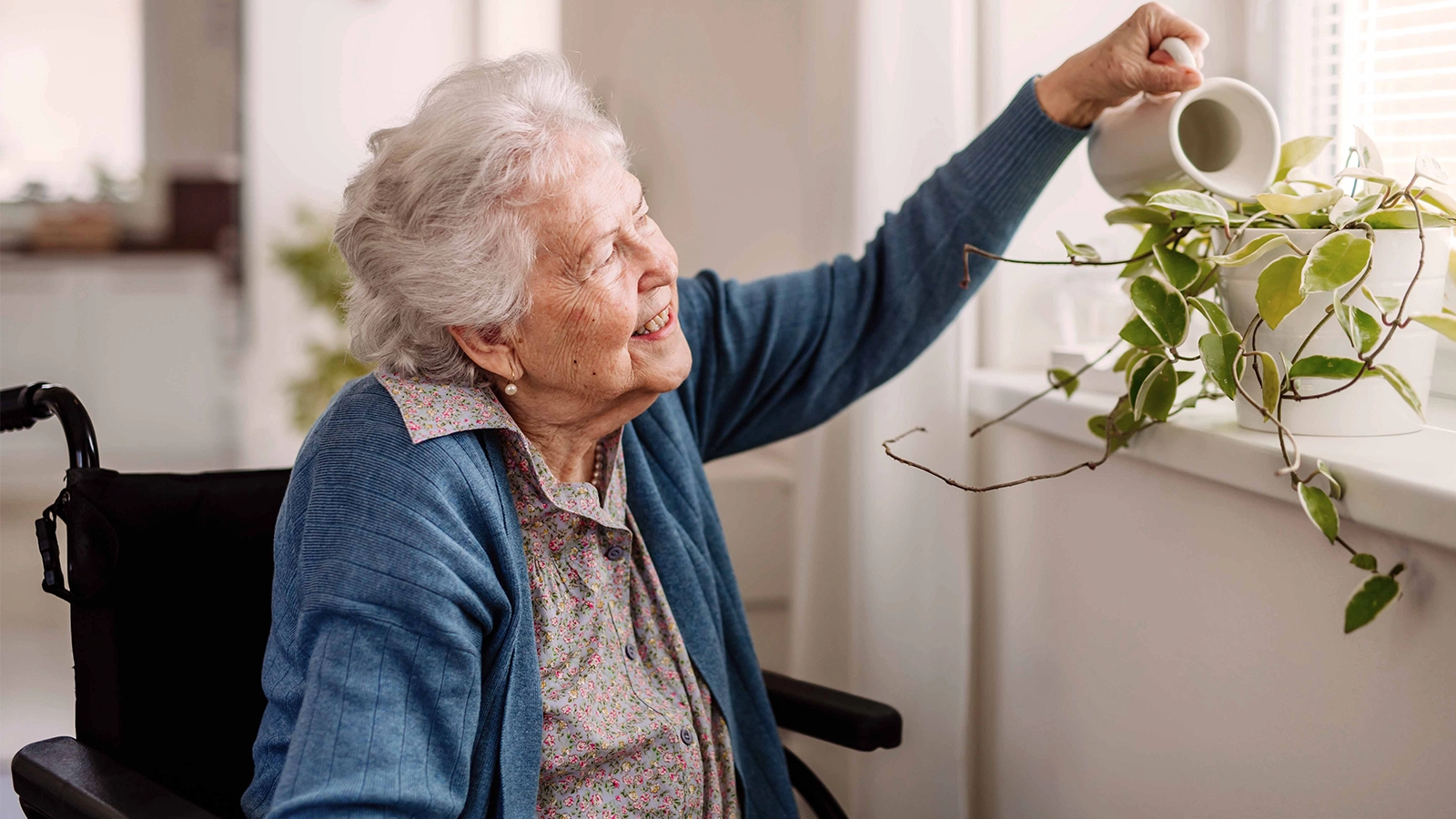 Seniorin im Rollstuhl die Blumen gießt